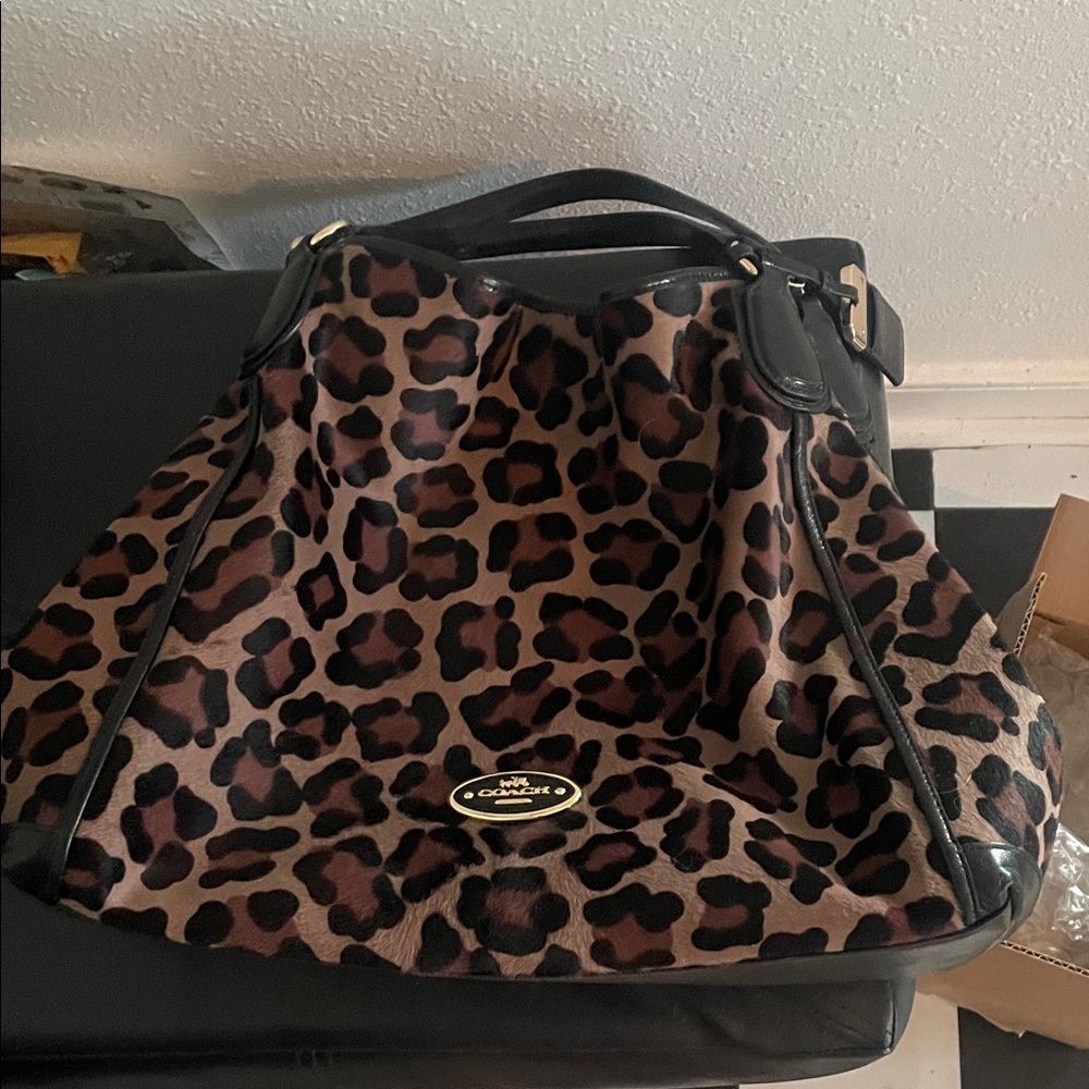 Coach Leopard Print Shoulder Bag with Black Accents